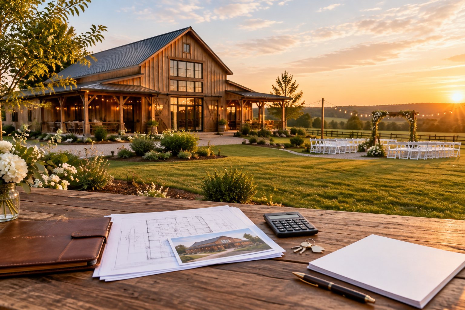 A rustic barn wedding venue with landscaped grounds and property documents arranged on a wooden table.