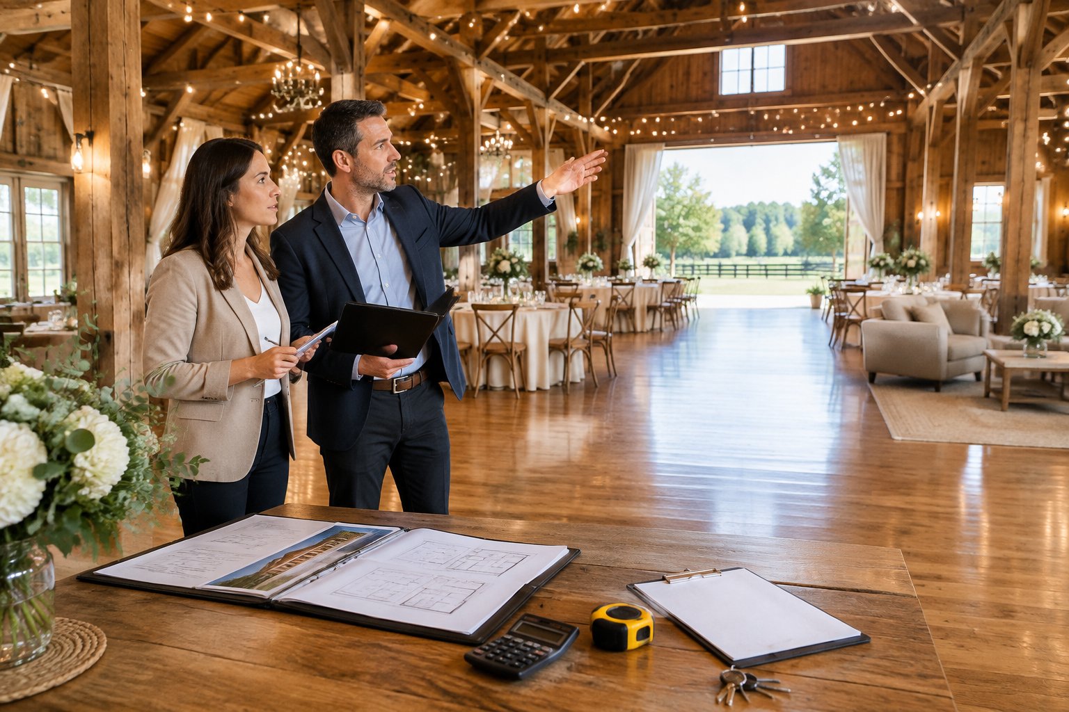 A prospective buyer and advisor inspect a rustic barn wedding venue while reviewing property documents.