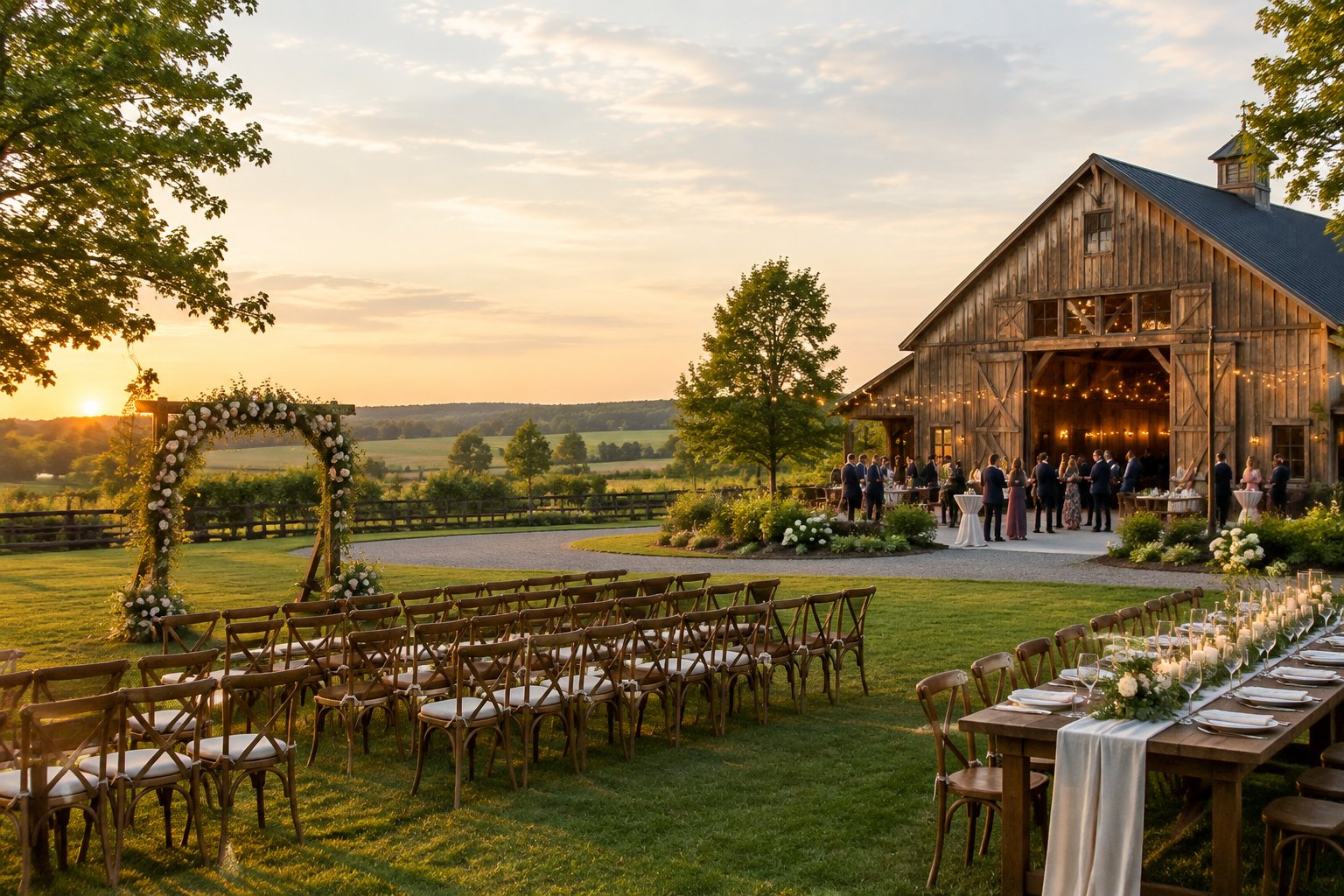 A rustic barn wedding venue with outdoor seating, floral decorations, and guests in the Ontario countryside.