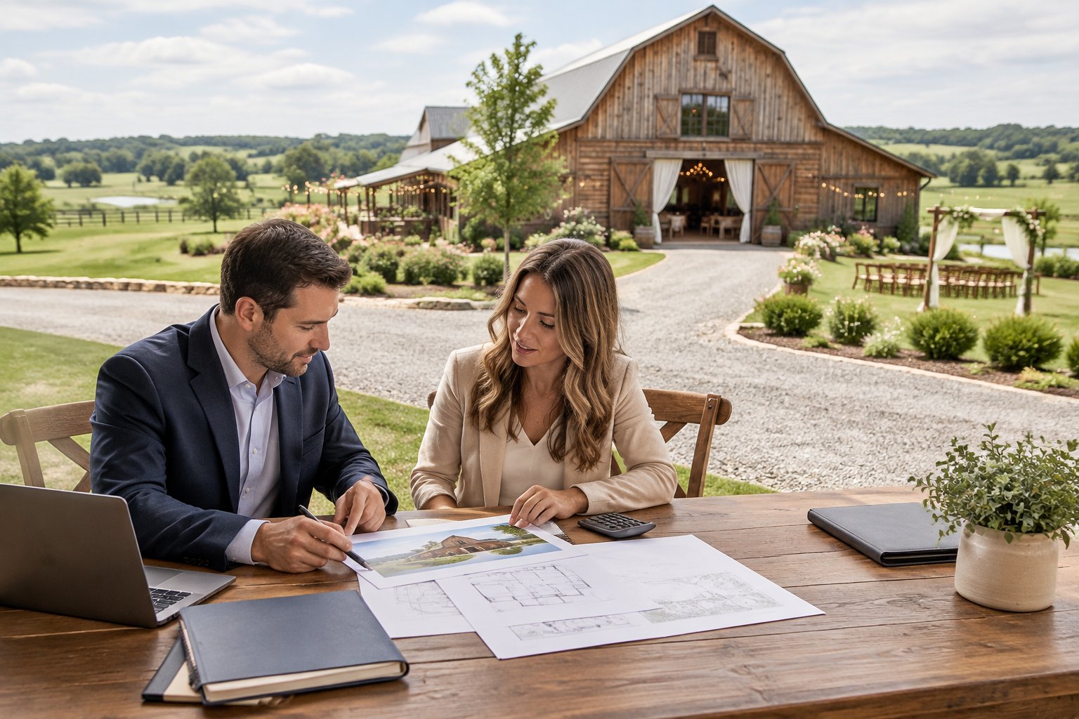A buyer and financial advisor review purchase documents outside a rustic barn wedding venue.