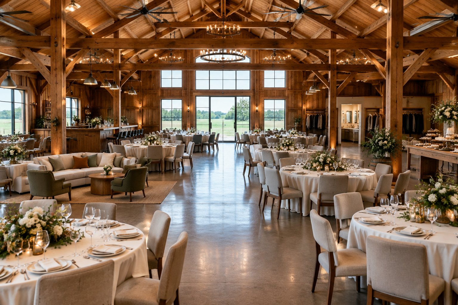 A spacious Ontario barn wedding reception with decorated tables, lounge seating, a bar, and catering amenities.