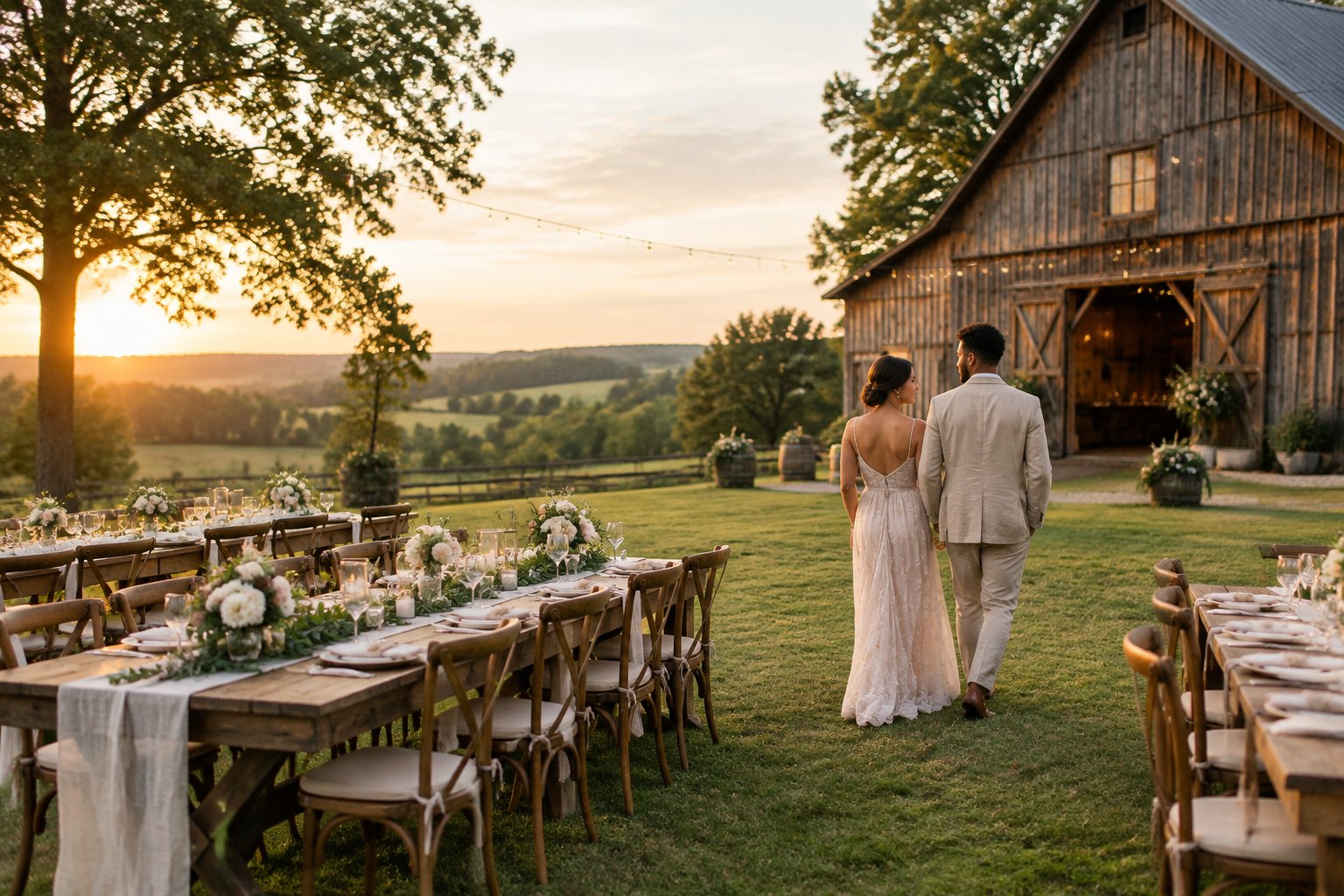 A couple explores a decorated barn wedding venue in the countryside.