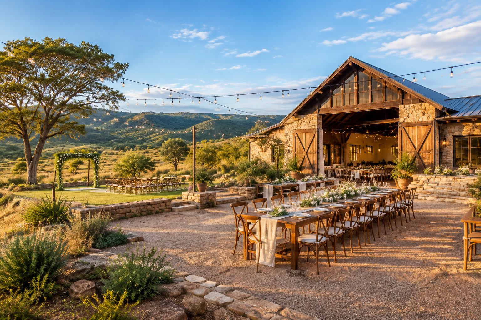 A rustic barn wedding venue surrounded by Zimbabwean countryside, with decorated tables and rolling hills in the background.