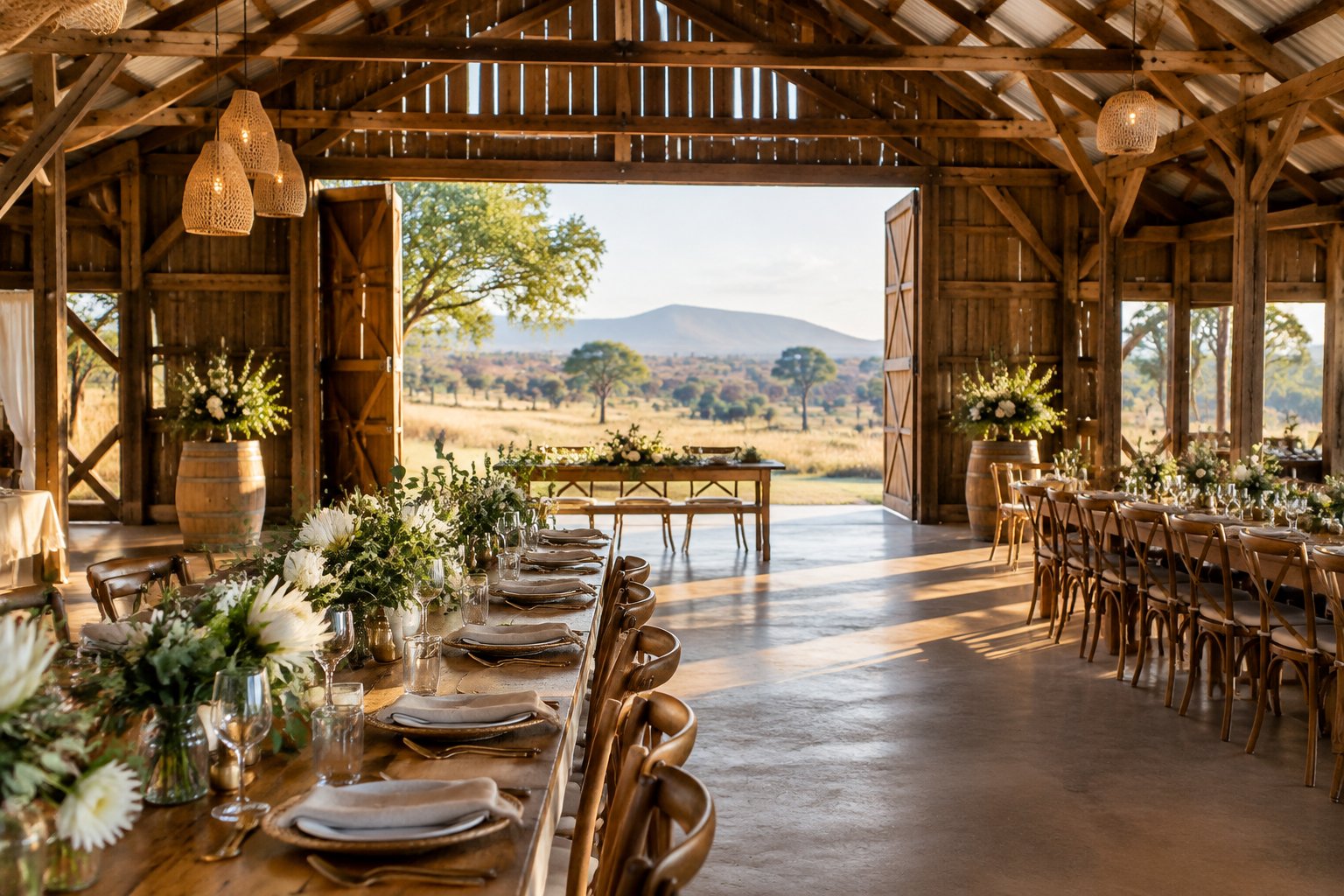 An elegant rustic wedding reception inside a timber barn overlooking the Zimbabwean countryside.