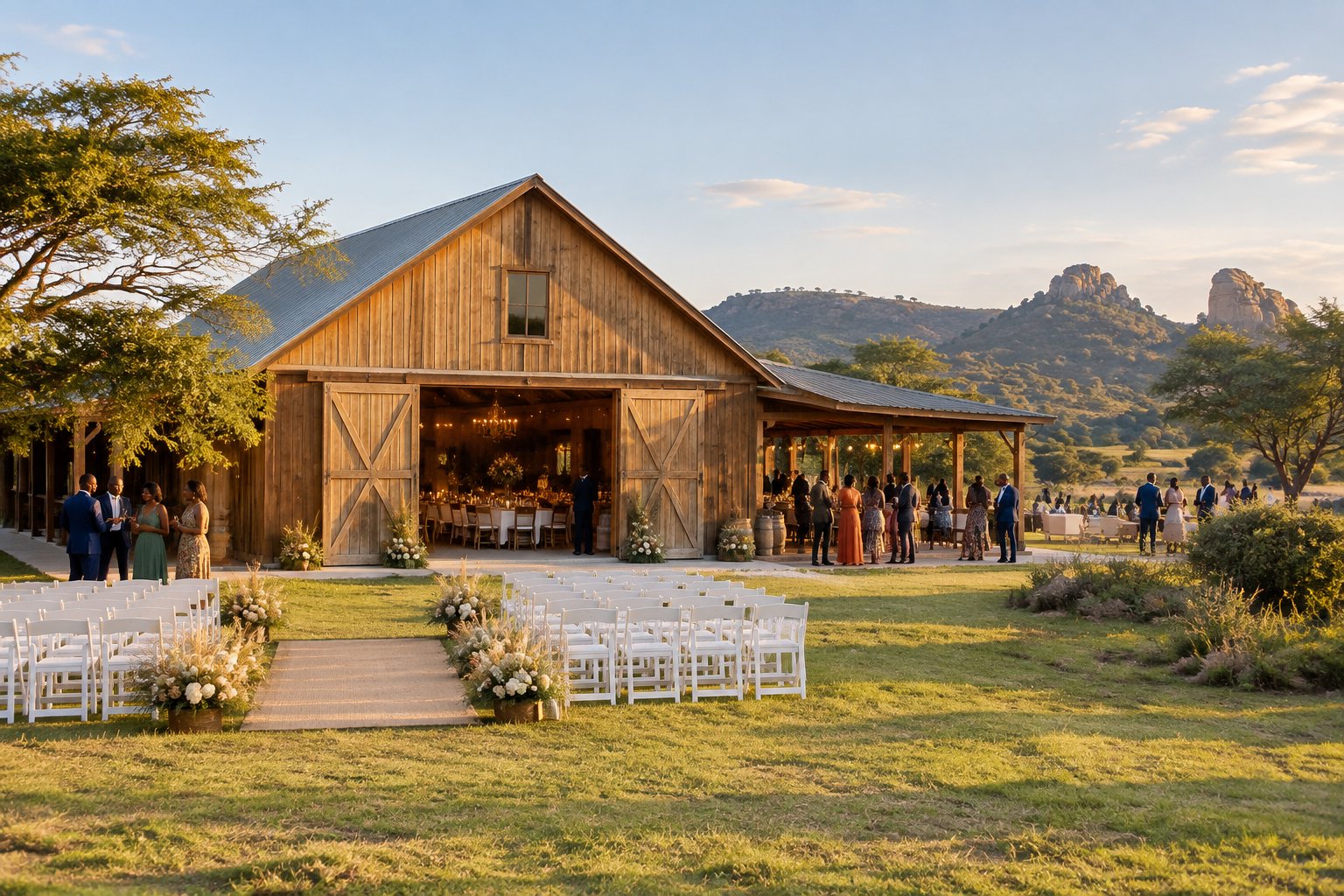 A rustic barn wedding venue in the Zimbabwean countryside with outdoor seating and elegant decorations.
