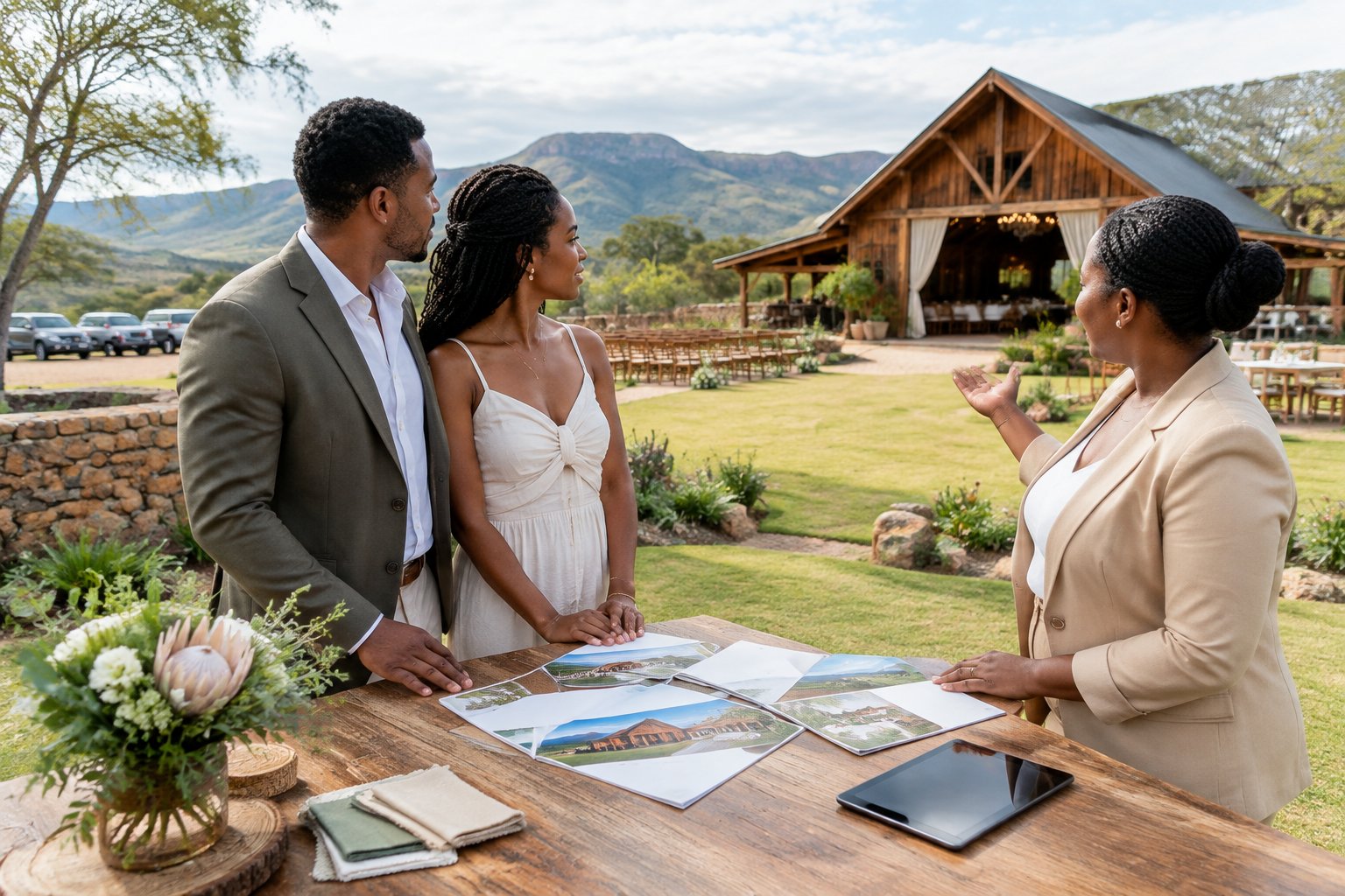 An engaged couple compares a rustic barn wedding venue with a coordinator in the Zimbabwean countryside.