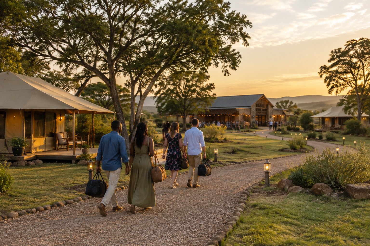 Wedding guests arrive at overnight cottages beside a rustic barn venue in the Zimbabwean countryside.