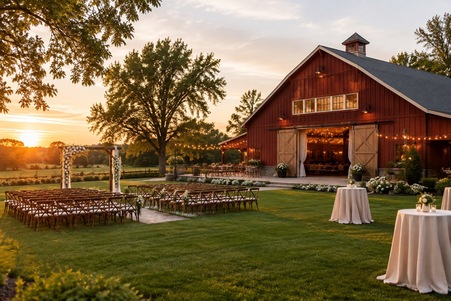 A decorated rustic barn wedding venue with outdoor ceremony seating, floral arrangements, string lights, and green countryside surroundings.