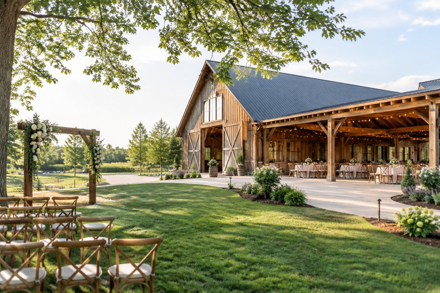A restored barn wedding venue with landscaped grounds, reception tables, string lights, and a flower-decorated ceremony arch.