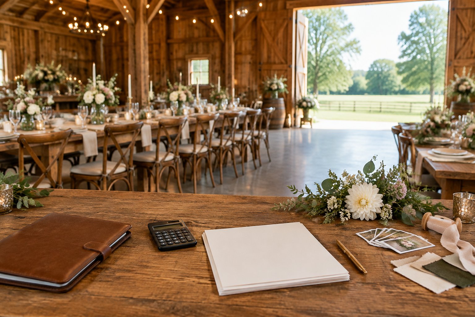 Rustic barn wedding reception with a wedding budget planning table in the foreground and green farmland visible outside.