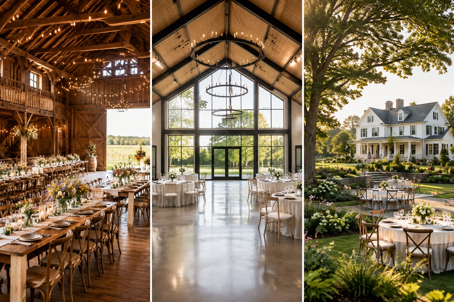 Three wedding venue settings show a rustic barn, a modern barn, and an elegant farm estate.