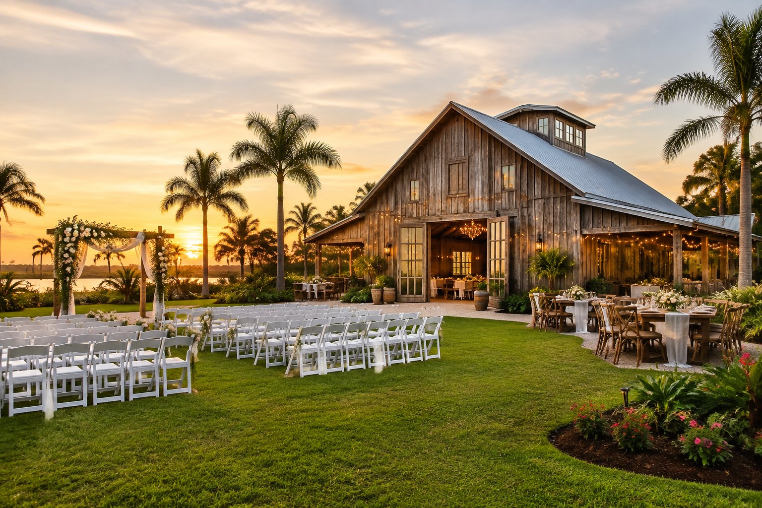 A rustic barn wedding venue surrounded by palm trees and tropical landscaping, with outdoor ceremony chairs and an elegant reception setup.