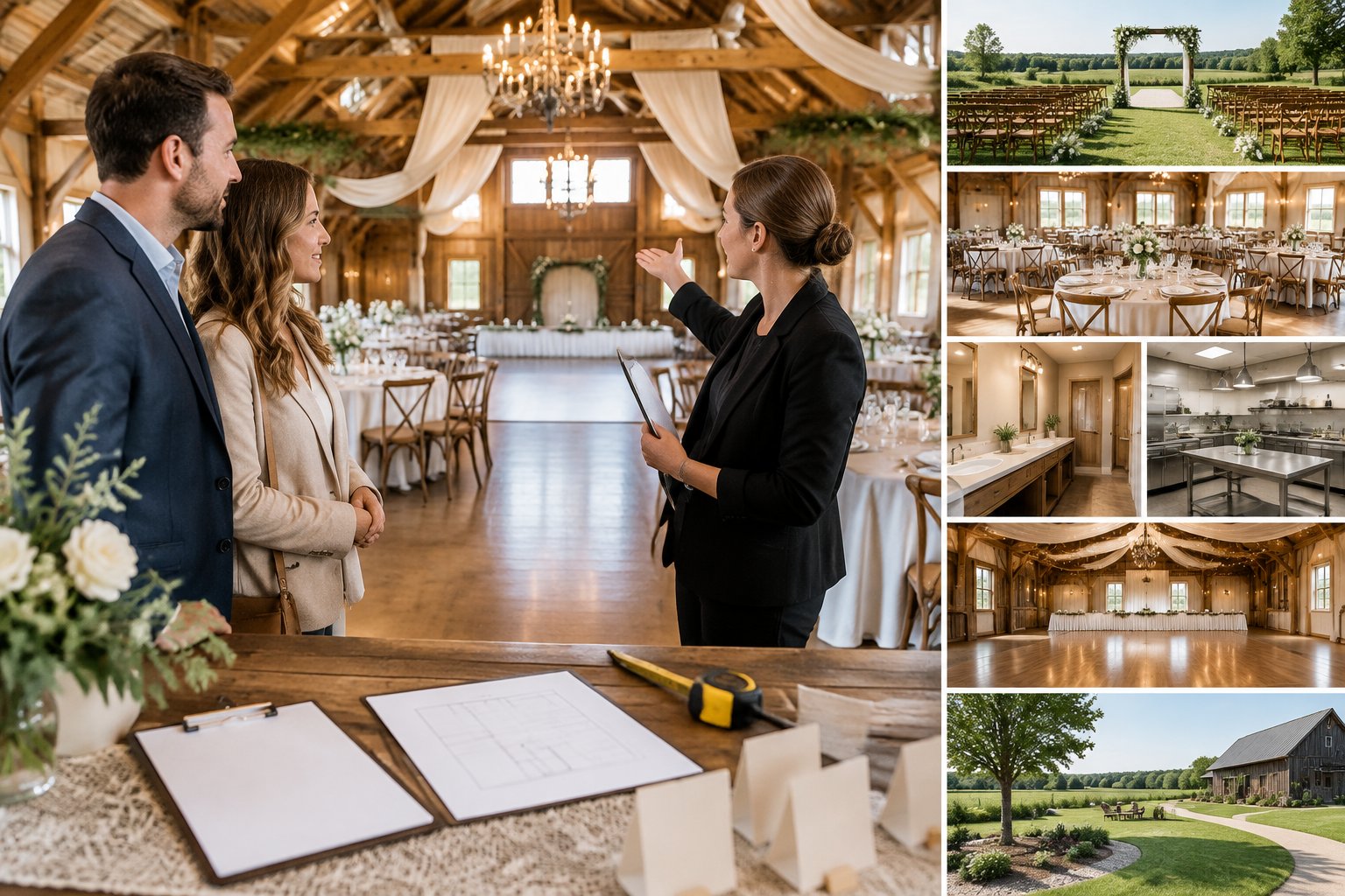 A couple tours a rustic barn wedding venue with a coordinator while reviewing the event space.