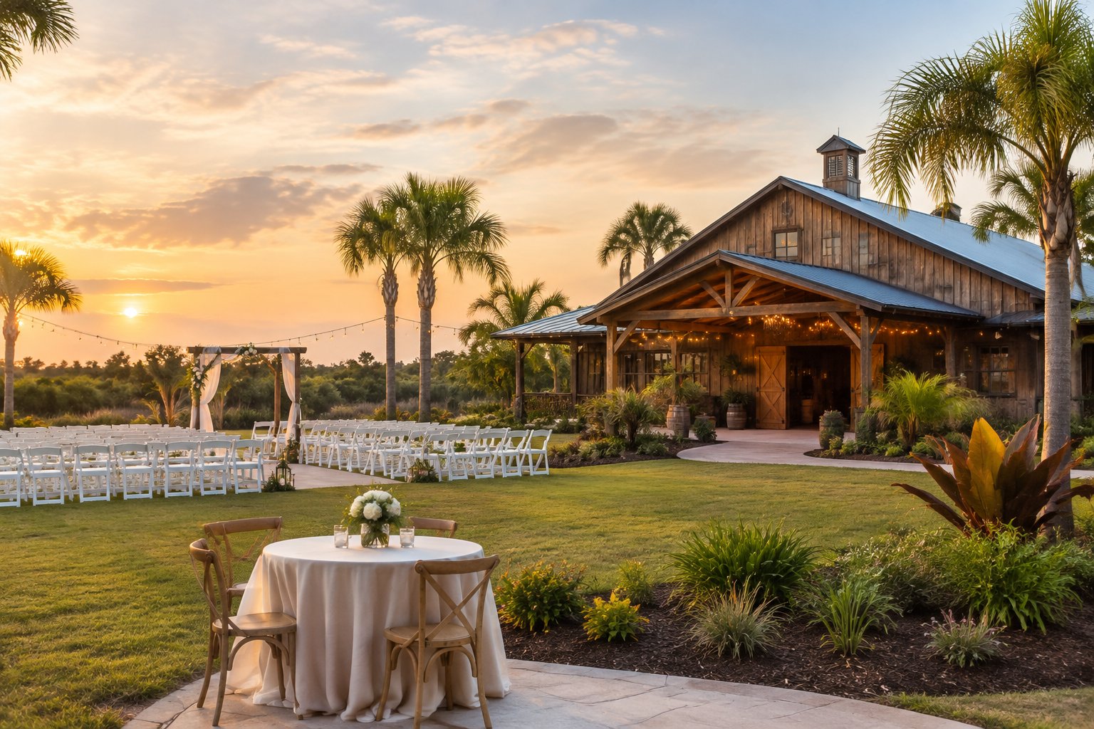 A rustic barn wedding venue surrounded by palm trees and landscaped grounds, with white ceremony chairs and a decorated outdoor arbor.