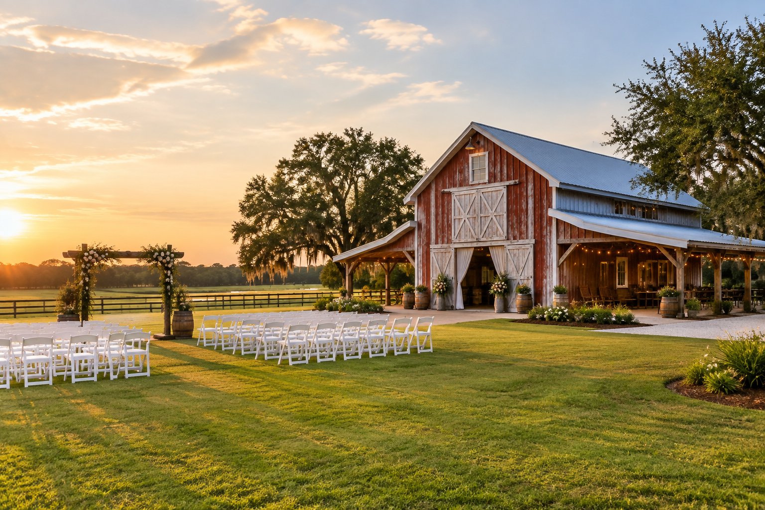 A rustic barn wedding venue with an outdoor ceremony setup on a sunny farm.
