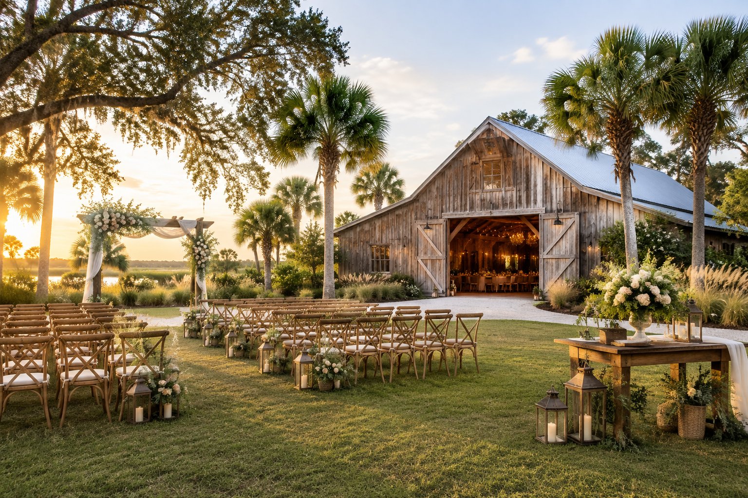 A decorated barn wedding venue with wooden ceremony chairs, a floral arbor, and palm trees in the background.