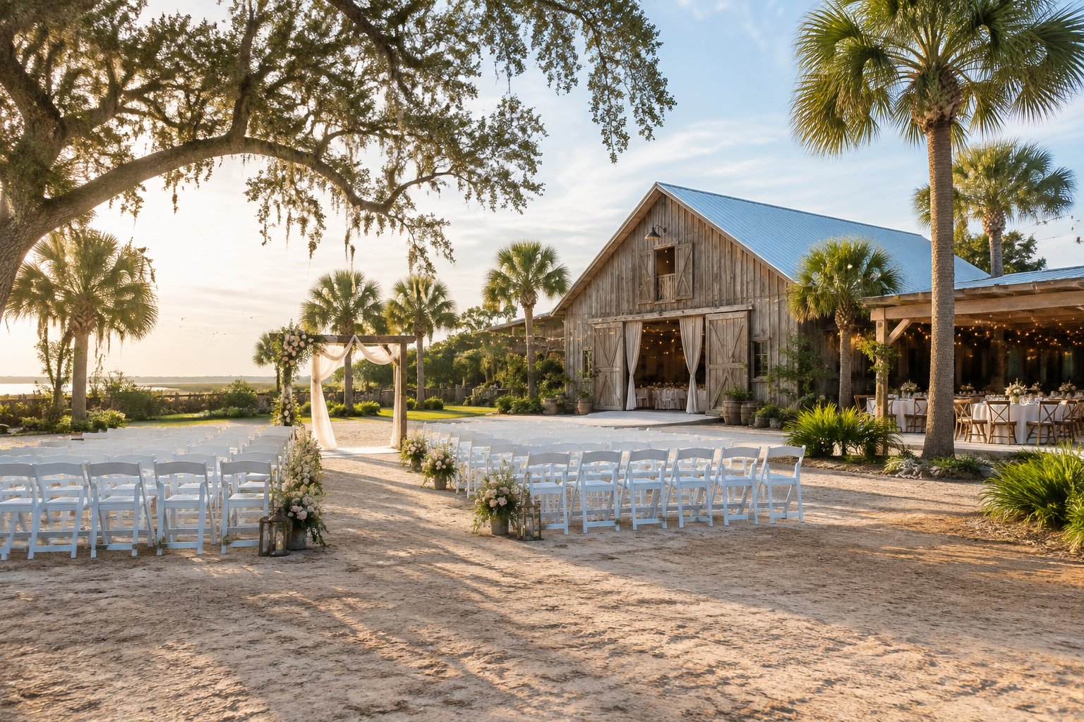 A rustic barn wedding venue with outdoor ceremony seating, floral décor, palm trees, and lush greenery.