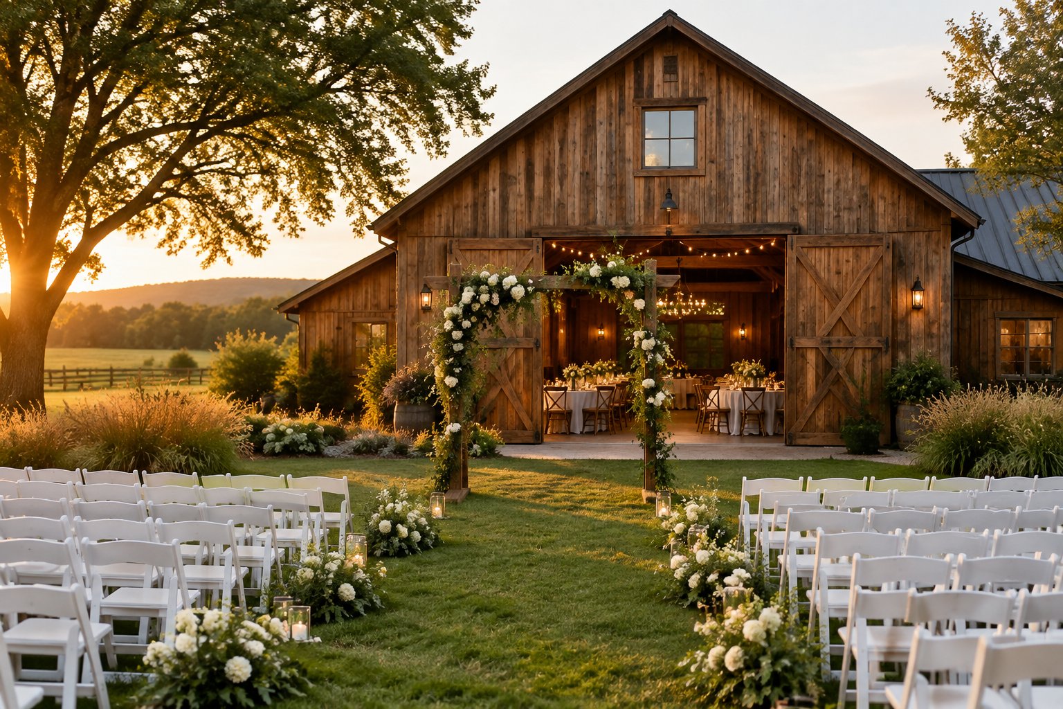 A rustic barn wedding venue with an outdoor ceremony setup, floral arbor, white chairs, and countryside surroundings.
