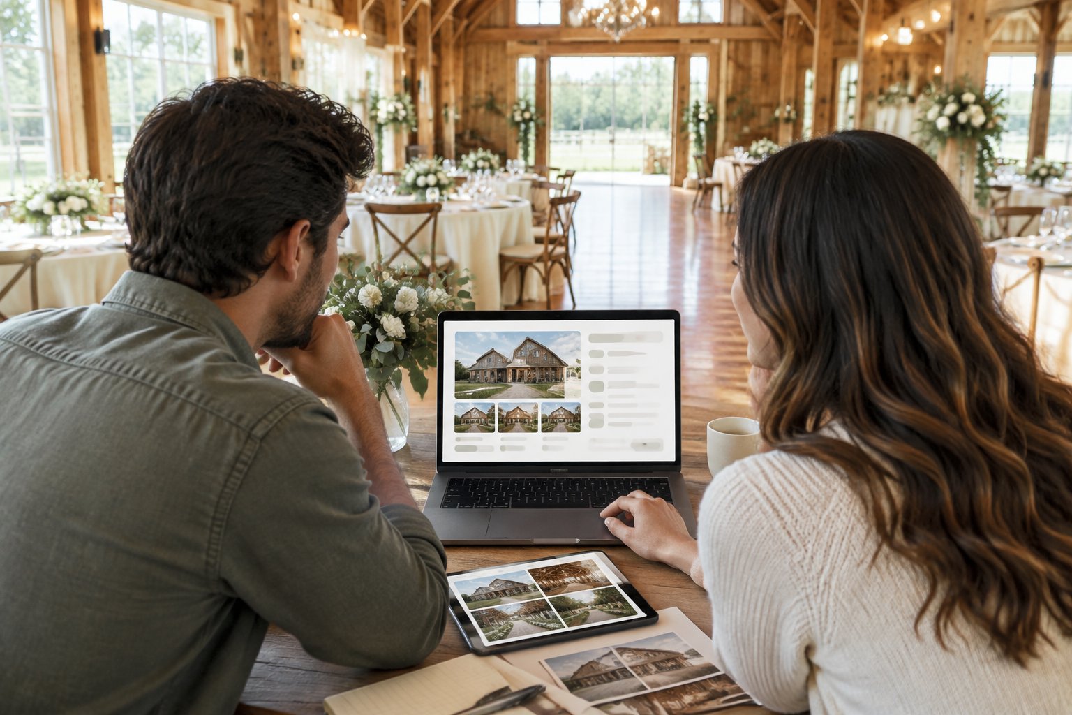 A couple compares barn wedding venue options on a laptop inside a bright rustic wedding barn.