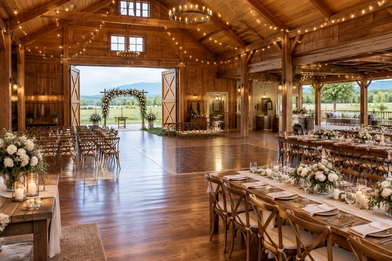 A rustic barn wedding venue arranged with ceremony chairs, floral decorations, farmhouse reception tables, and string lights.