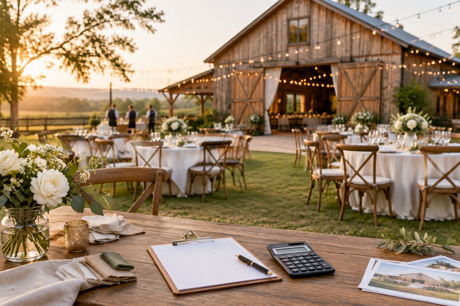 A rustic barn wedding venue with an outdoor reception setup and a small table holding blank planning materials.