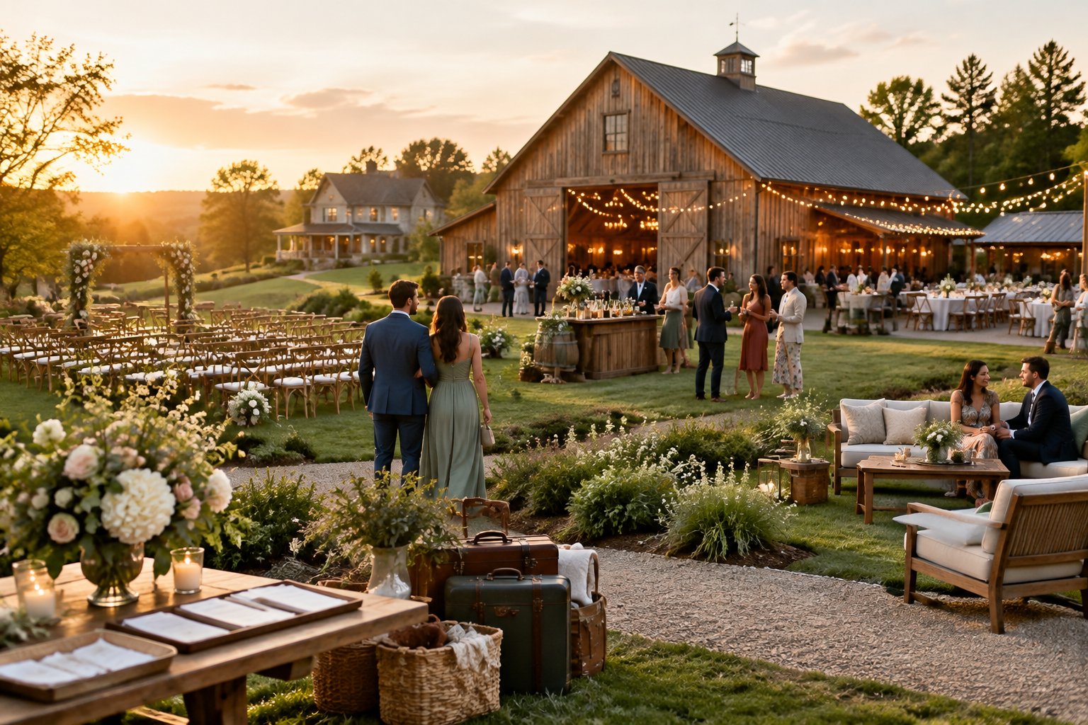 Wedding guests gather outside a rustic barn venue with decorated ceremony and reception areas.