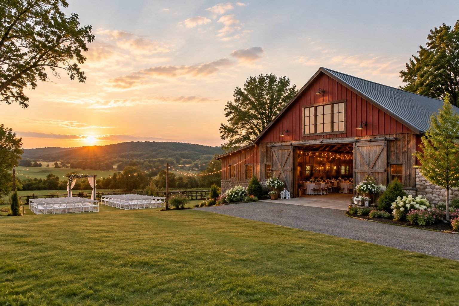 A rustic barn wedding venue surrounded by green hills, meadows, trees, and outdoor ceremony decorations.