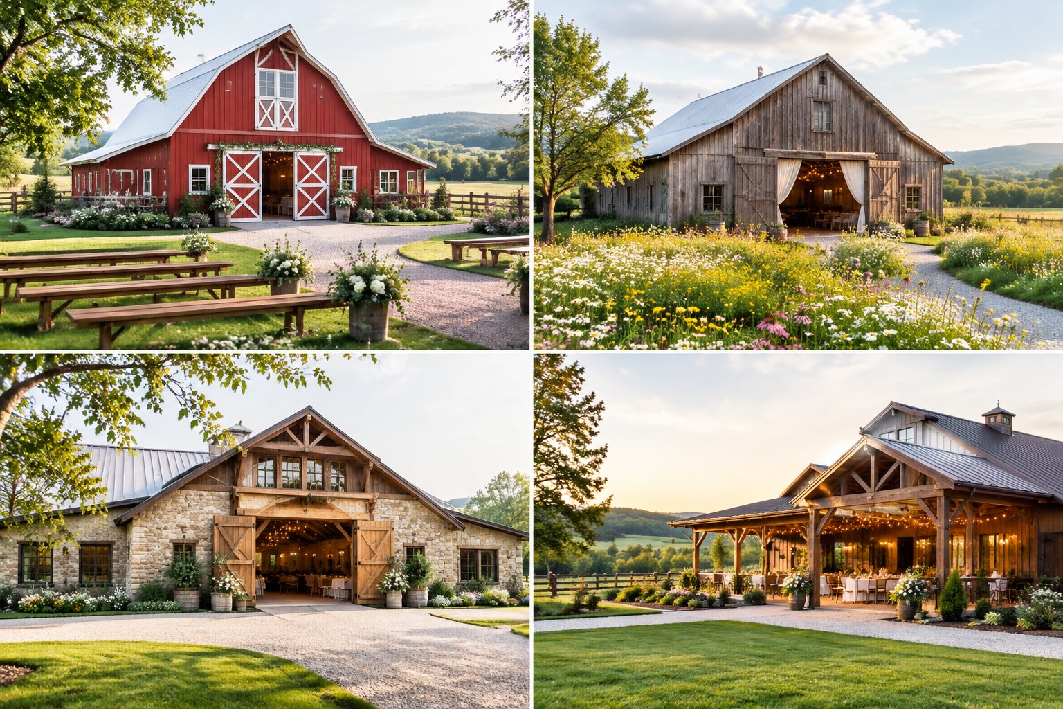 Four rustic barn wedding venues surrounded by lawns, flowers, trees, and countryside landscapes.