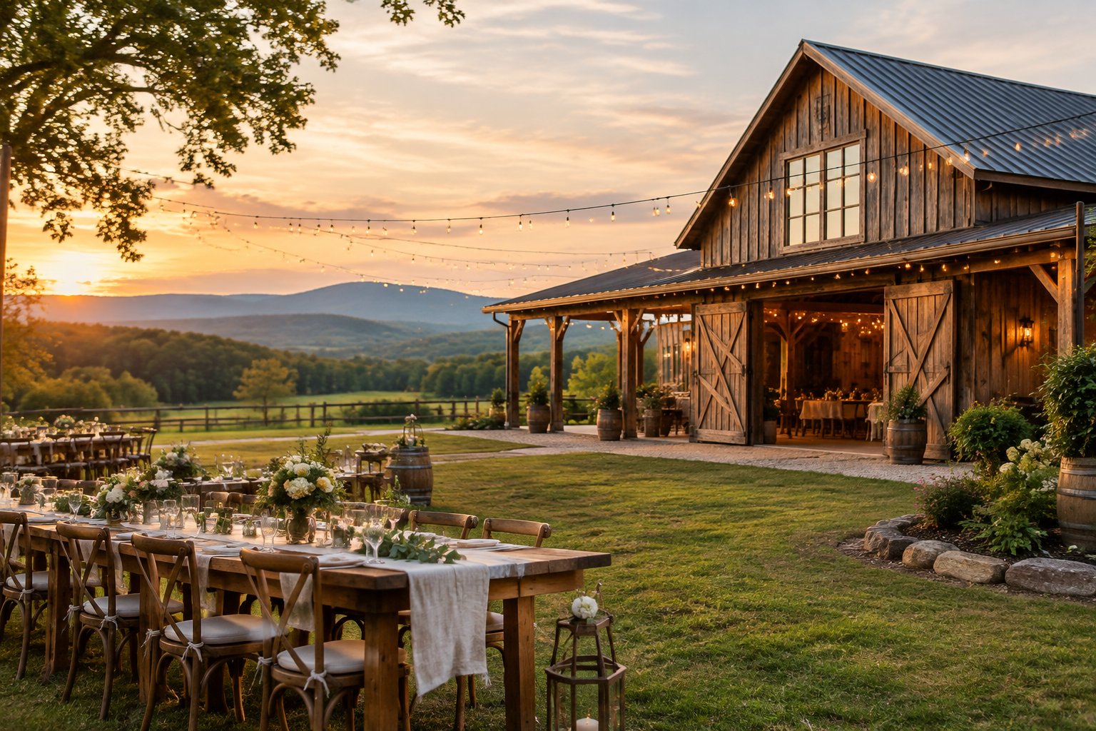 A rustic barn wedding venue surrounded by rolling green hills, with an elegant outdoor reception setup in the foreground.