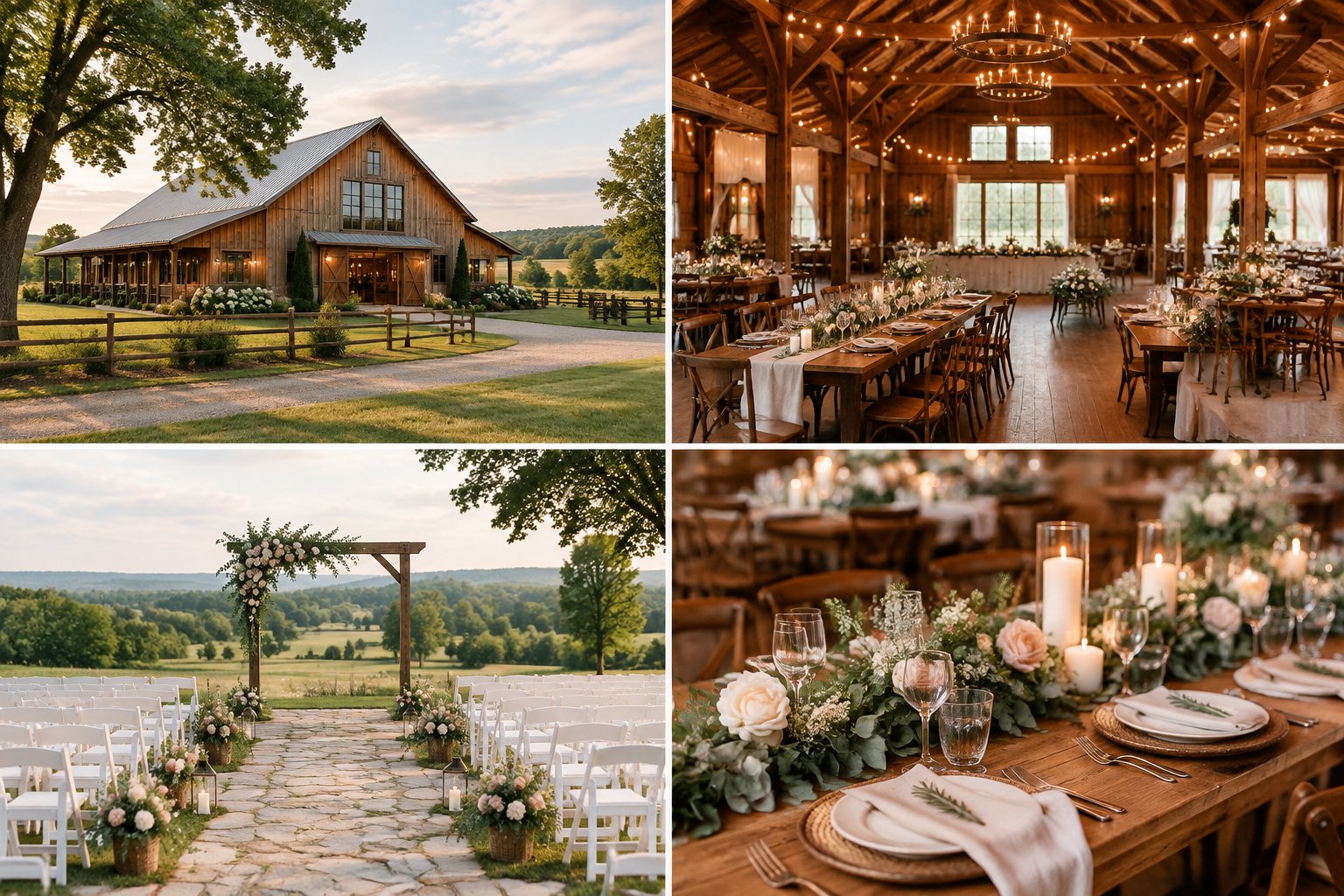 A rustic barn wedding venue with countryside views, elegant reception decor, an outdoor ceremony setup, and warm romantic lighting.