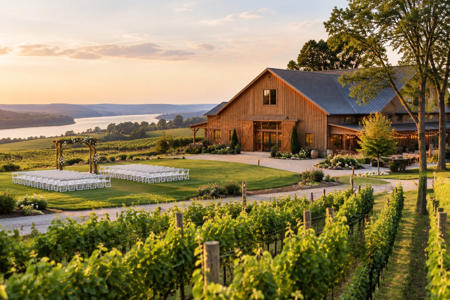 A rustic barn wedding venue surrounded by vineyard rows and rolling countryside.