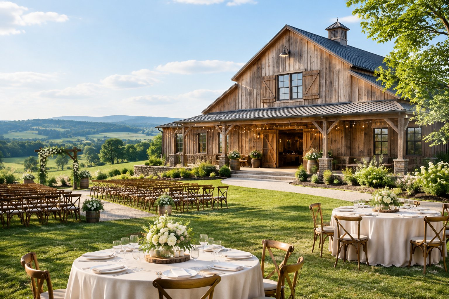 A restored barn wedding venue surrounded by green farmland, with outdoor ceremony seating and rolling hills in the background.