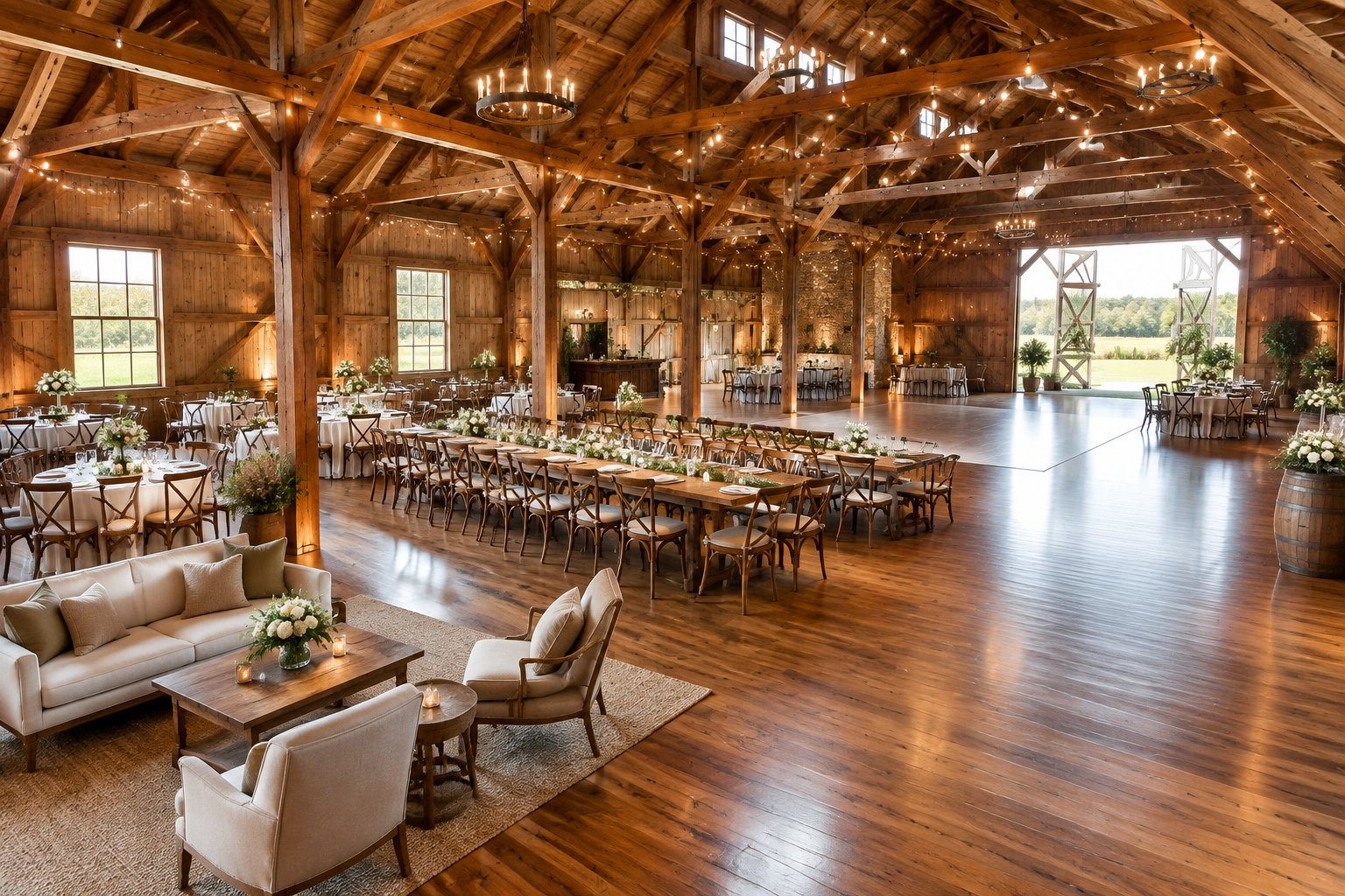 A spacious rustic barn arranged for a wedding reception with tables, seating areas, and an open dance floor.