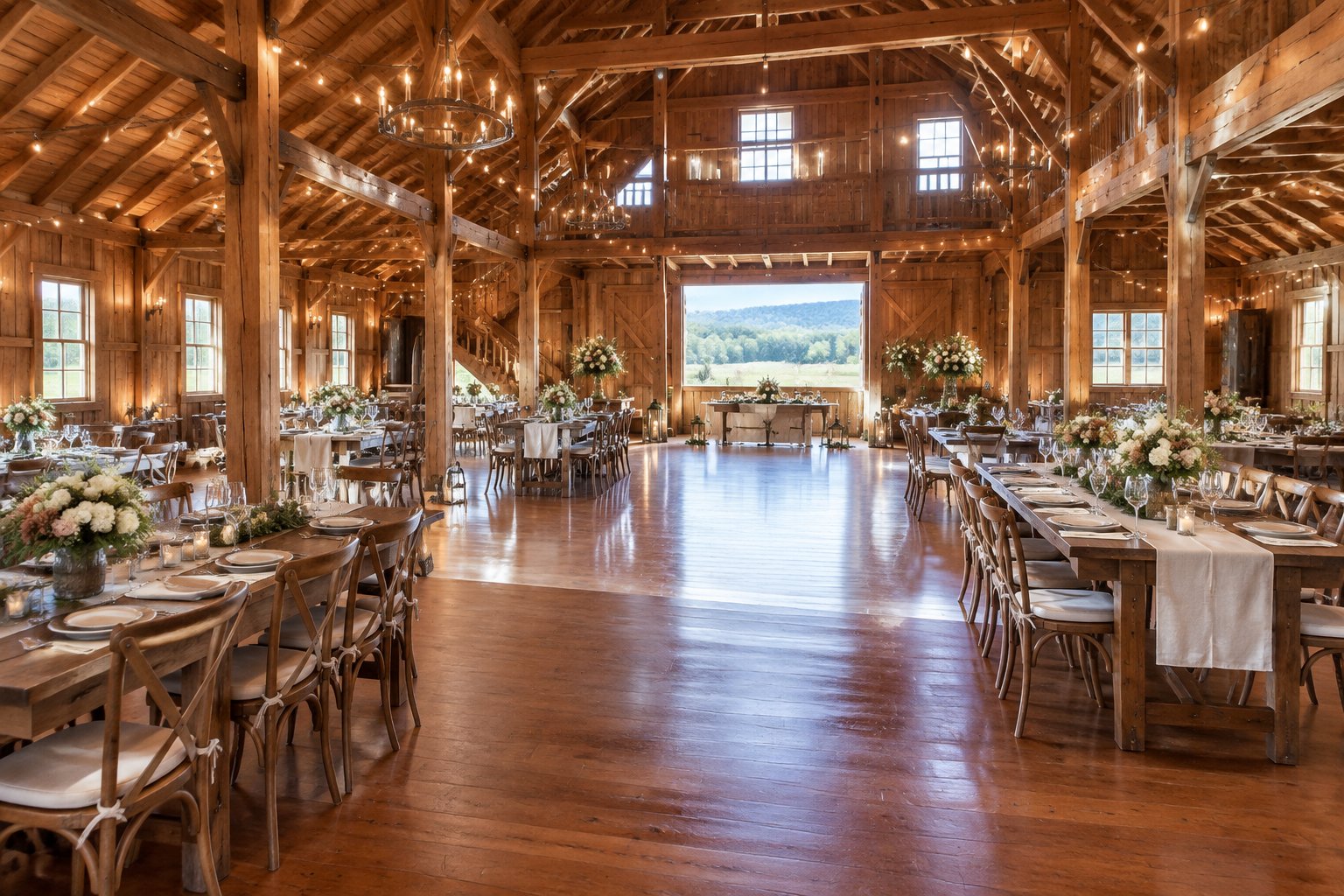 Rustic barn wedding reception with farmhouse tables, floral centerpieces, and warm string lights.