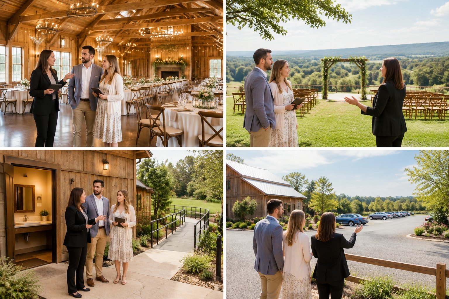 A couple tours a rustic barn wedding venue with a coordinator while reviewing event details.