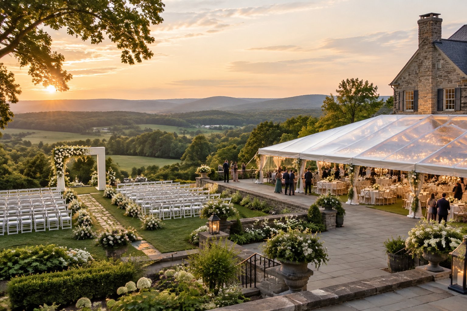 An elegant outdoor wedding celebration at a countryside estate with a floral ceremony aisle, white chairs, and a tented reception area.