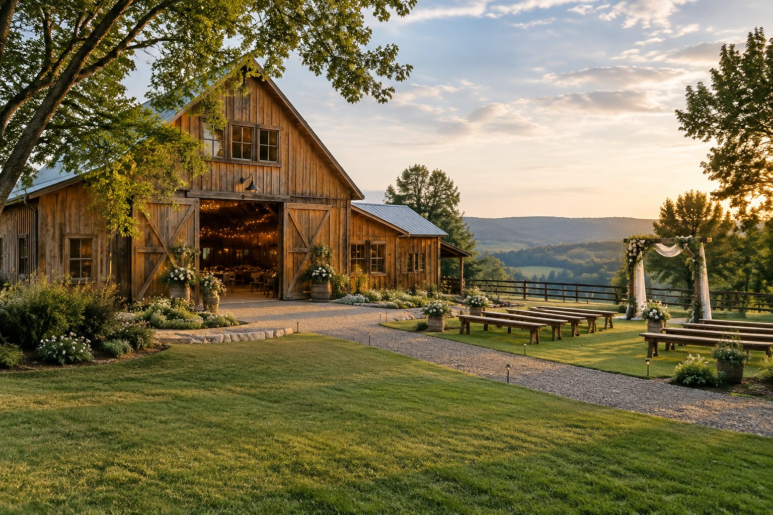 A rustic wedding venue with wooden barns, a decorated outdoor ceremony area, and a landscaped yard surrounded by trees and countryside.