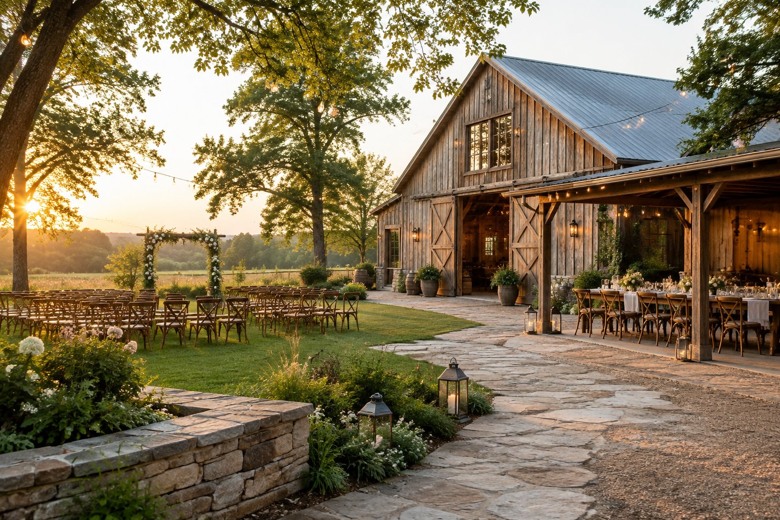 A restored timber barn with an elegant wedding setup in a landscaped yard.