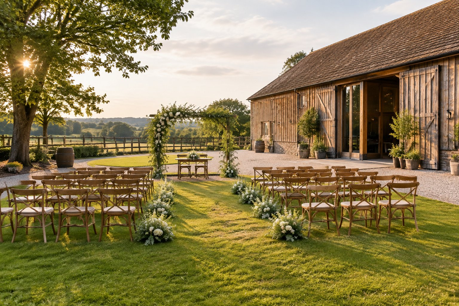 Outdoor wedding ceremony setup beside a rustic barn in a landscaped farmyard.
