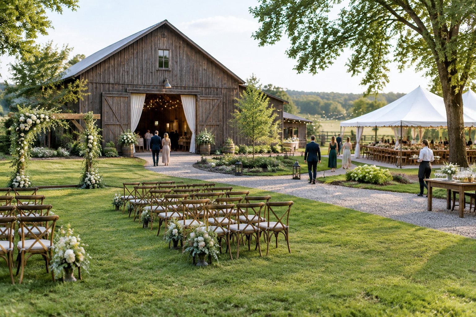 A wedding ceremony lawn leads toward a rustic barn and an outdoor reception area.