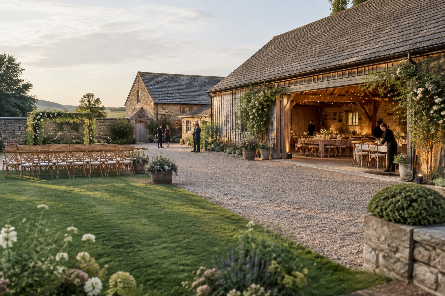 A rustic barn wedding venue with a decorated courtyard, ceremony chairs, and staff preparing for an event.