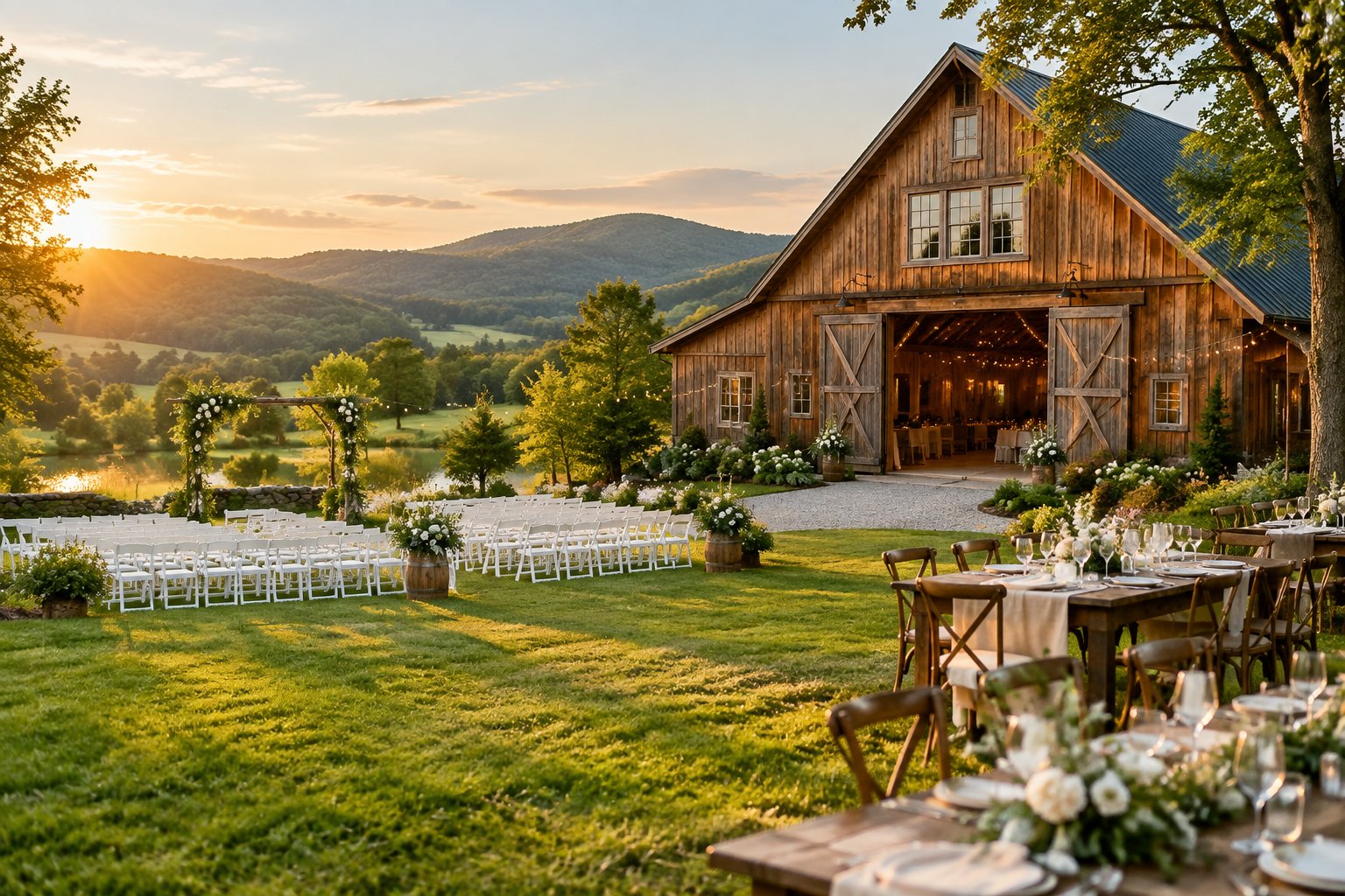 A rustic barn wedding venue surrounded by green hills and trees, with outdoor ceremony chairs and floral decorations.