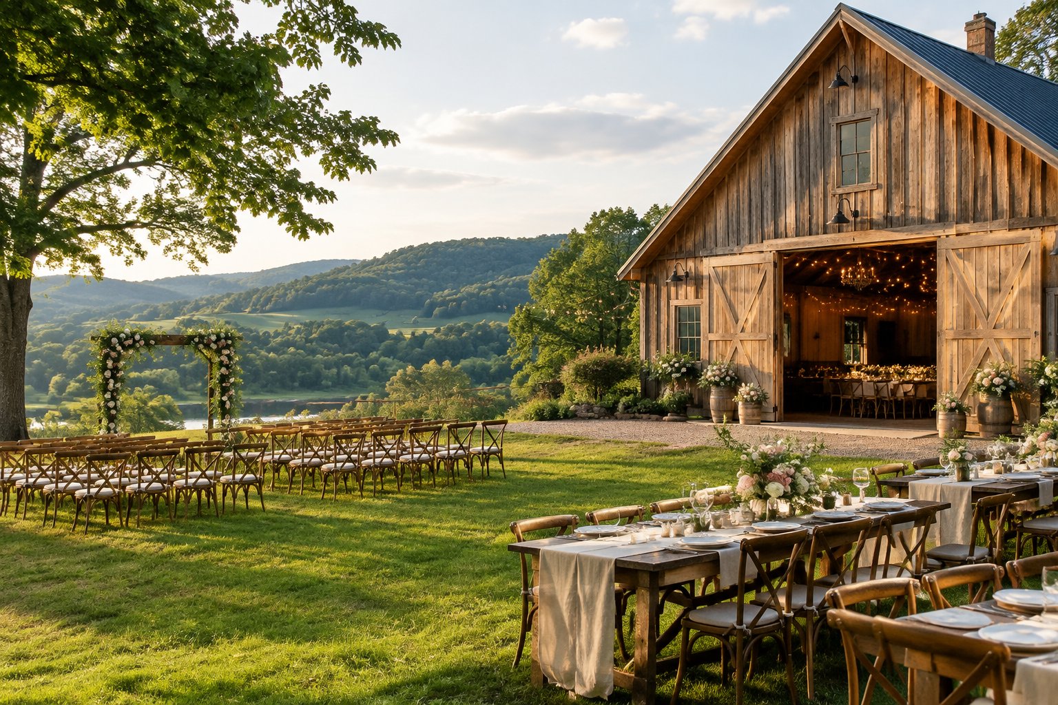 A rustic barn wedding venue surrounded by rolling green hills and trees in the Vermont countryside.