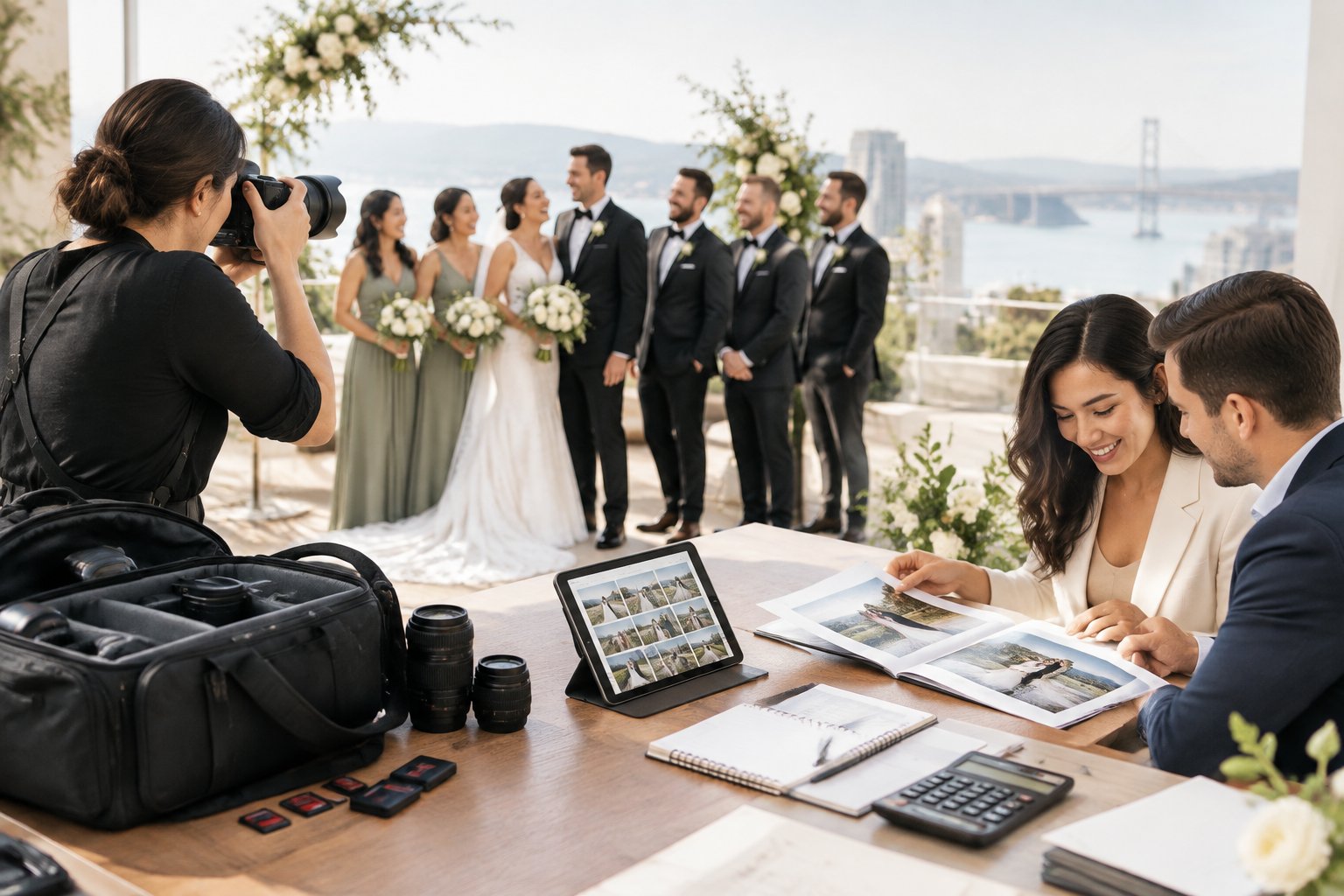 A wedding photographer photographs a couple while they review wedding photos and organize photography equipment at an elegant Bay Area venue.