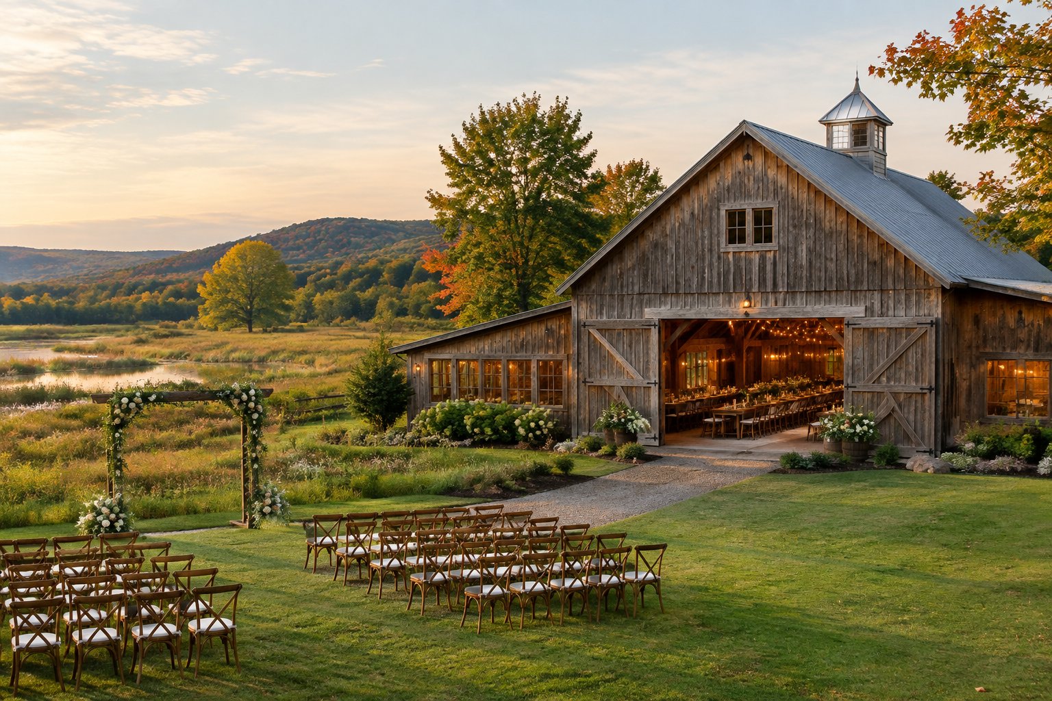 A rustic barn wedding venue surrounded by green meadows and Vermont countryside.