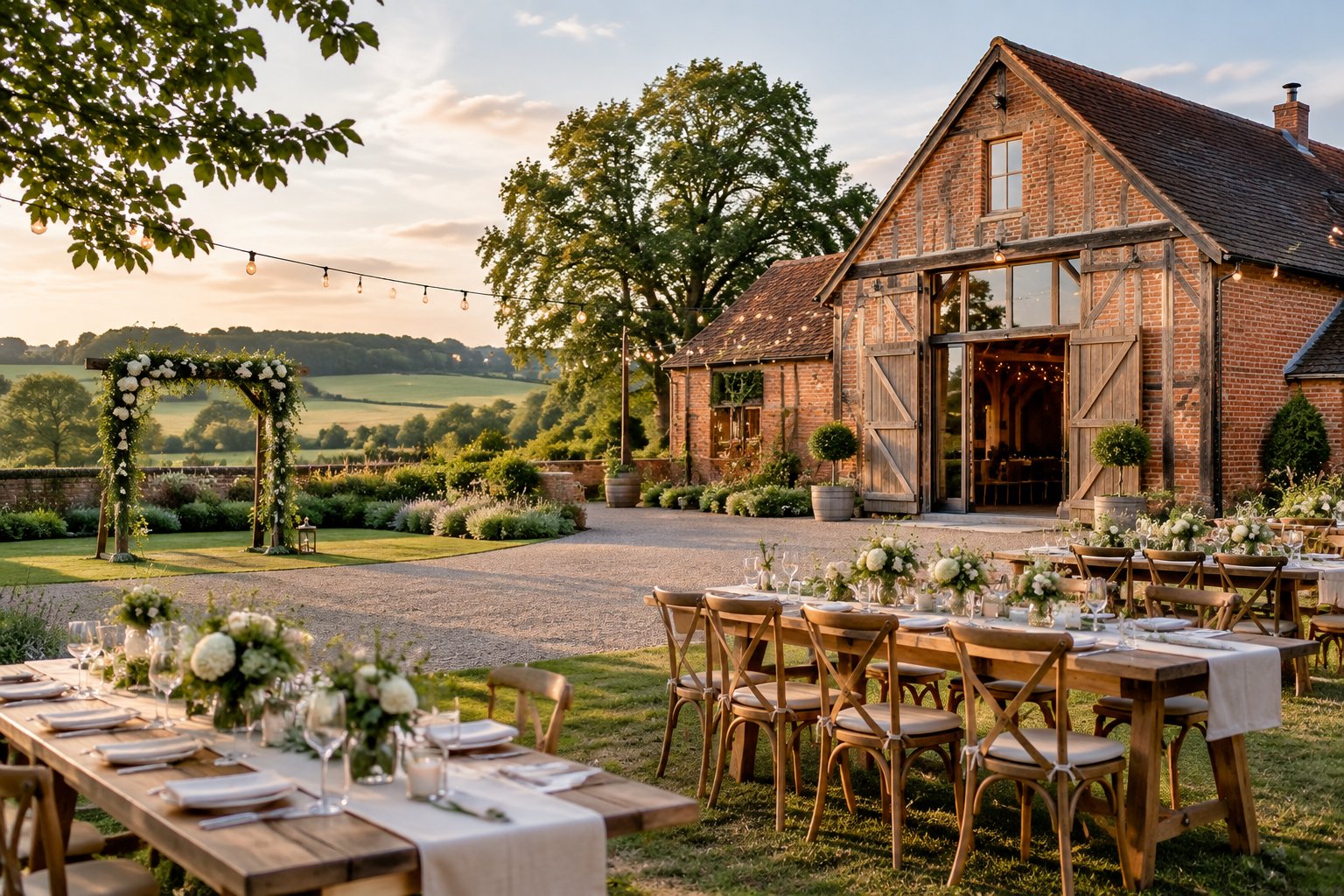 A rustic barn wedding venue surrounded by green countryside, with outdoor tables, floral decorations, and string lights.
