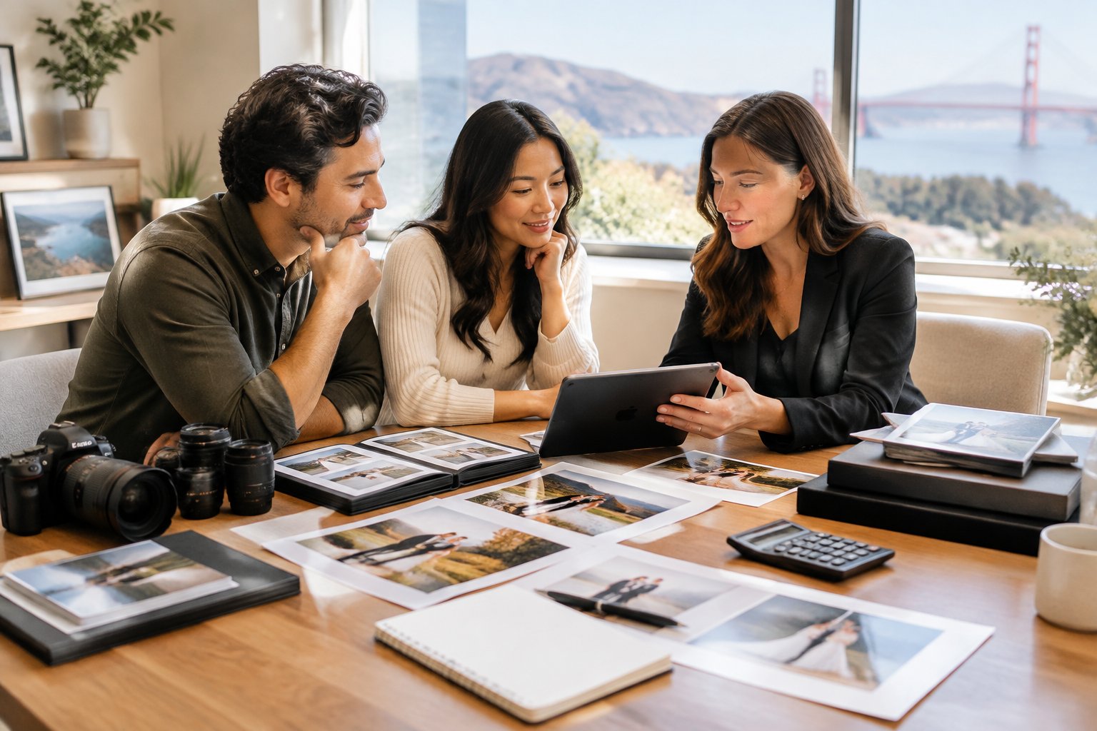 A couple reviews wedding photography options and a budget with a photographer at a table overlooking the Bay Area.