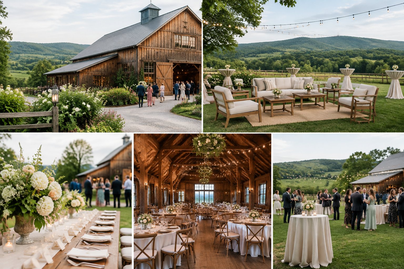 Guests gather around a decorated barn venue in the Vermont countryside for a wedding weekend.