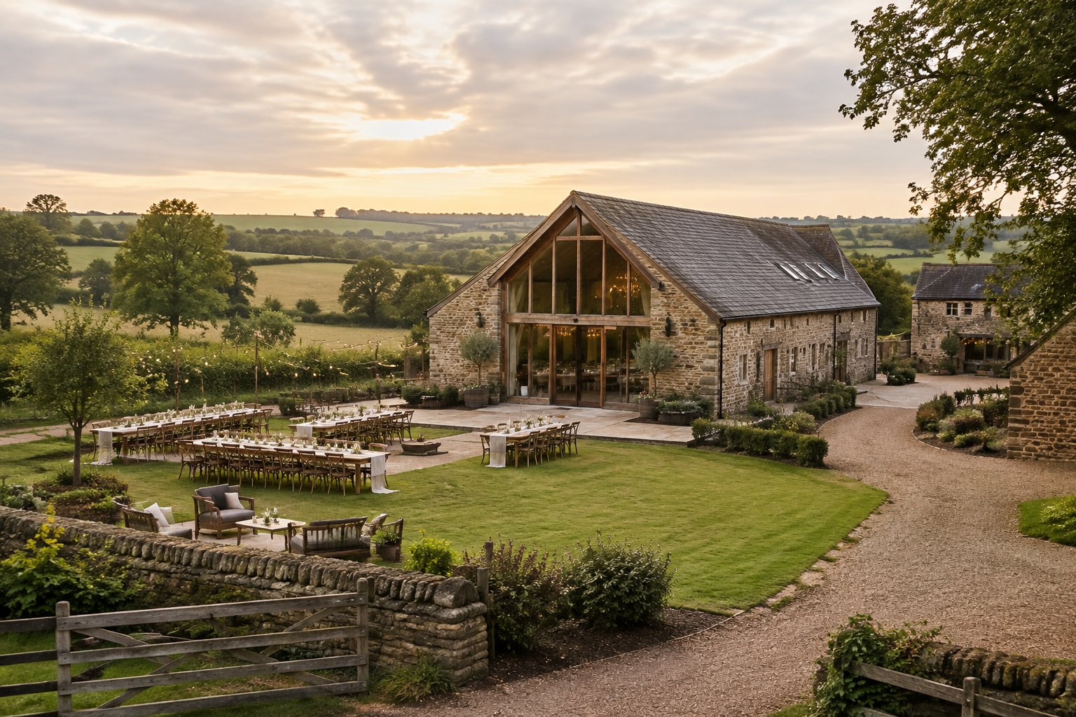 A renovated barn wedding venue surrounded by green fields, trees, and an elegantly arranged outdoor ceremony area.
