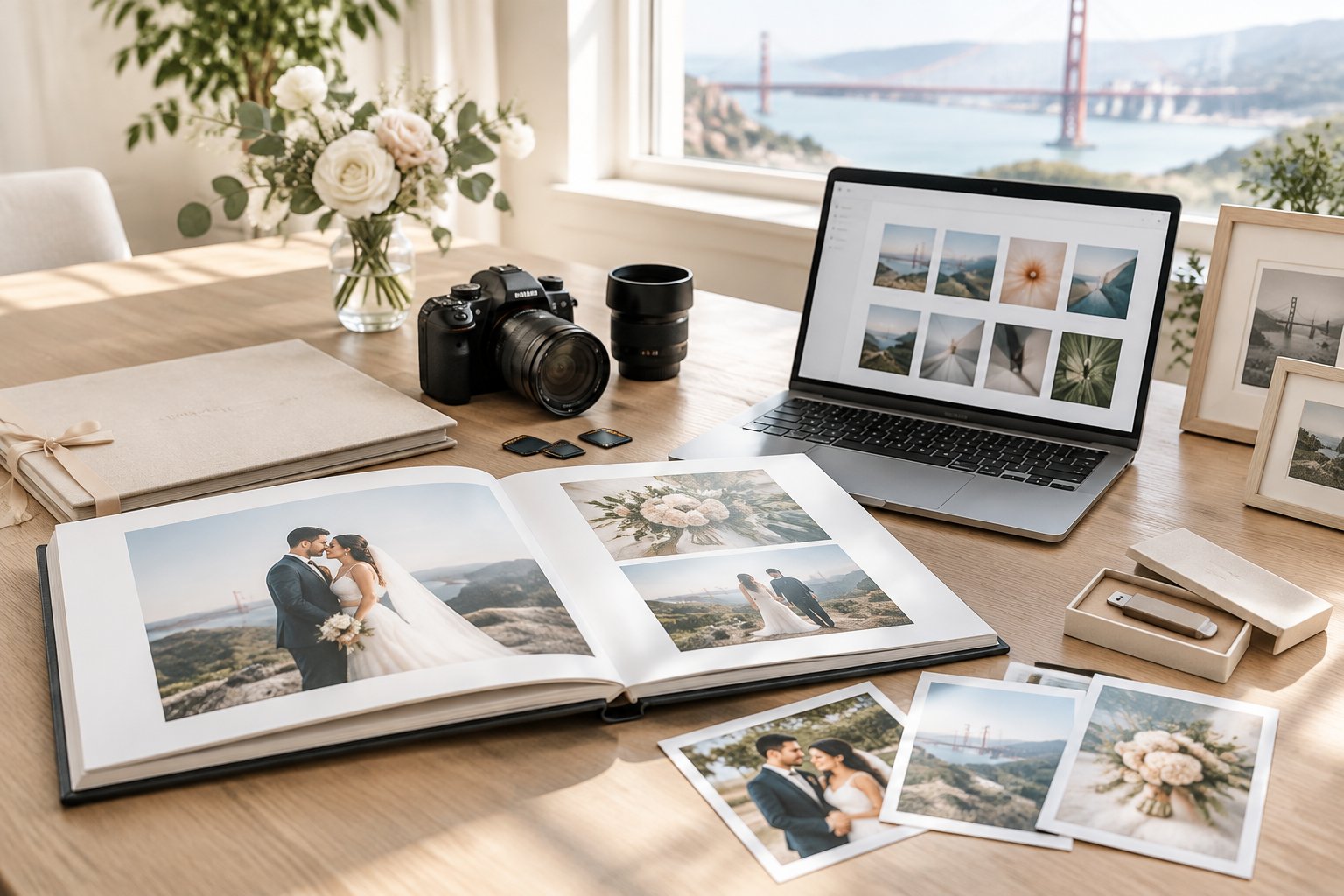 Wedding photography package samples, camera equipment, an album, and digital delivery items arranged on a studio table.